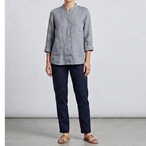 Flax 100% Linen Blouse Womens Sz M Rounded Mandarin V-Neck Collar Minimalist